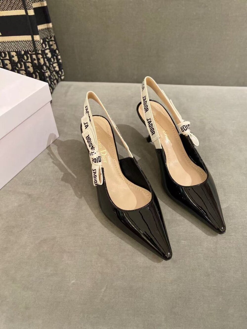 Dior Black Patent Slingback Pumps Kitten Heels